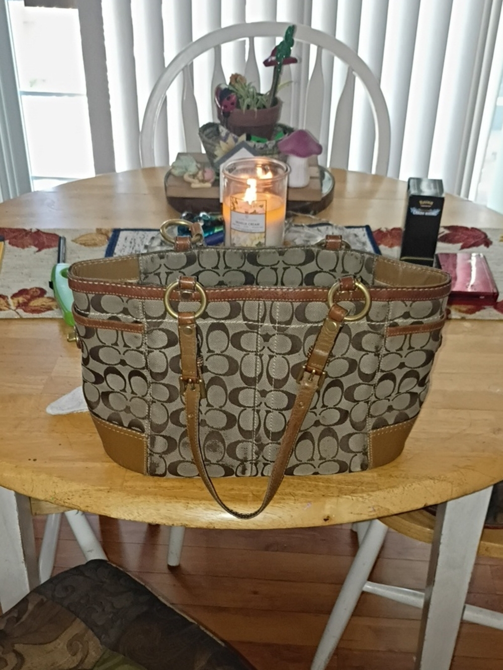 Coach Signature Canvas Shoulder Bag in Brown and Tan